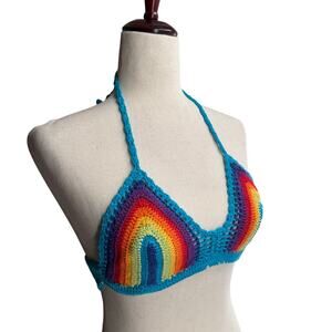 Island Planet Rainbow Crochet Knit Bikini Top Womens Small‎ Festival Boho